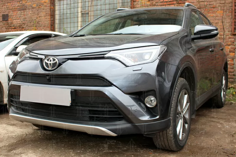 Решетку в бампер (защита) для Toyota Rav 4 2017-2018 (серебро,  черная) 2