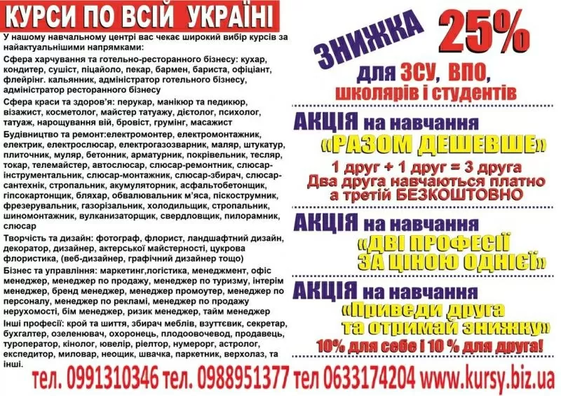 Курси кухар,  кондитер,  сушист,  піццеолі,  пекар,  бармен,  барист,  офіціа