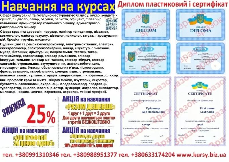 Курси кухаря,  зварника,  електрика,  слюсар,  перукар